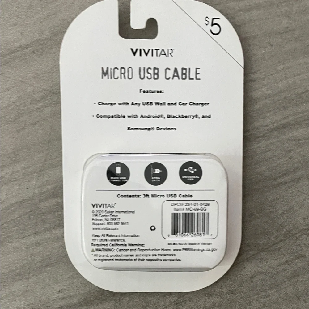Vivitar Micro USB Cable 3 Feet cable length compatible with android, Samsung
